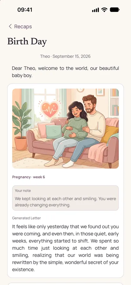 A recap for the baby's birth day: a letter with an illustration and the parent's note from an earlier week.